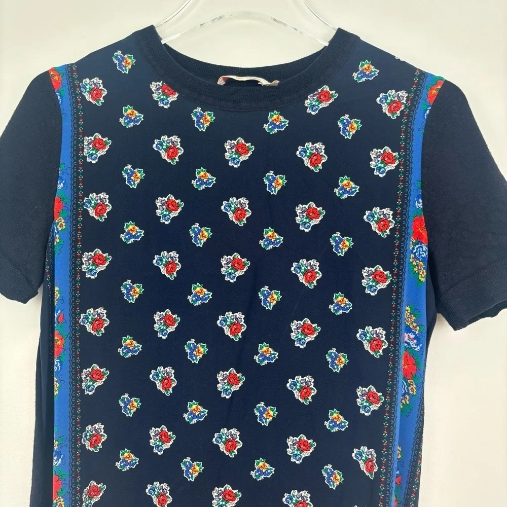 Tory Burch Navy Floral-Print Short-Sleeve Sheath Dress with Blue Trim - Picture 4 of 10